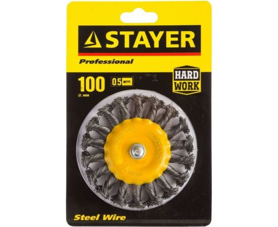 Щетка дисковая со шпилькой PROFESSIONAL (100 мм; жгутированная стальная проволока 0.5 мм) для дрели STAYER 35115-100 – изображение 2