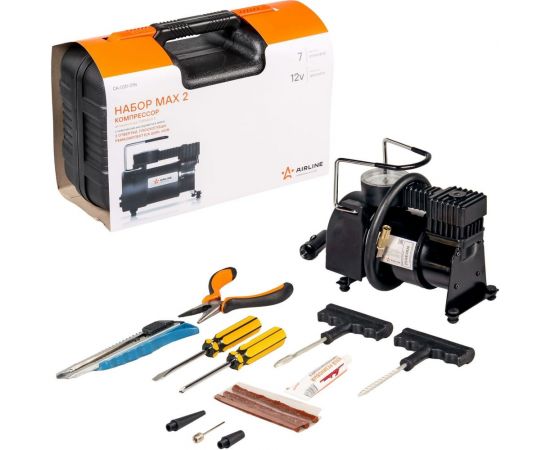 Компрессор AIRLINE TORNADO S с комплектом инструментов, в кейсе, 2 отвертки, ремкомплект для бескамерных шин, нож, плоcкогубцы CA-020-01N 