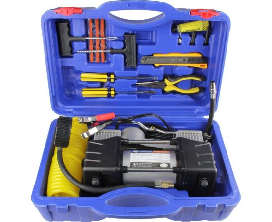 Компрессор Nova Bright АК-75 двухпоршневой, до 75 л/мин., 150 PSI, 12В, пластиковый кейс с инструментами 36448 