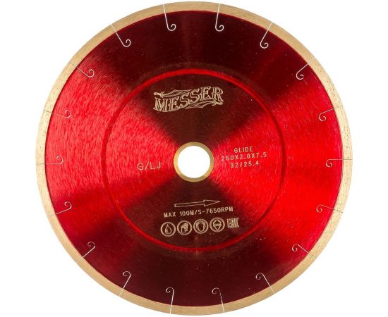 Диск алмазный сплошная кромка с микропазом G/L J-slot по граниту 250D-1.6T-7.5W-25.4/32 MESSER 01-24-250 