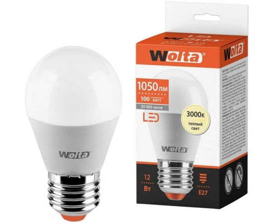 Светодиодная лампа Wolta "Шар" G45 12Вт 1050лм 3000К Е27 1/50 25Y45GL12E27 – изображение 2