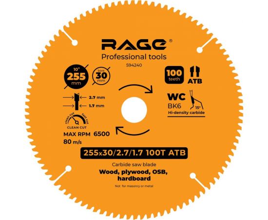Диск пильный Clean cut 255 мм (10”), Z100, посадка 30+25.4/20/16 мм rage by VIRA 594240 