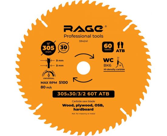 Диск пильный Universal 305 мм (12”), Z60, посадка 30 мм rage by VIRA 594241 