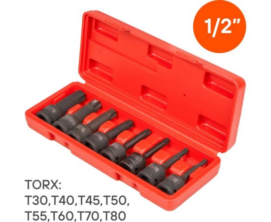 Набор головок ударных внешний TORX 8 шт, Т30-Т80, 78 мм, 1/2"", пластиковый кейс Airline ATAS050 – изображение 3