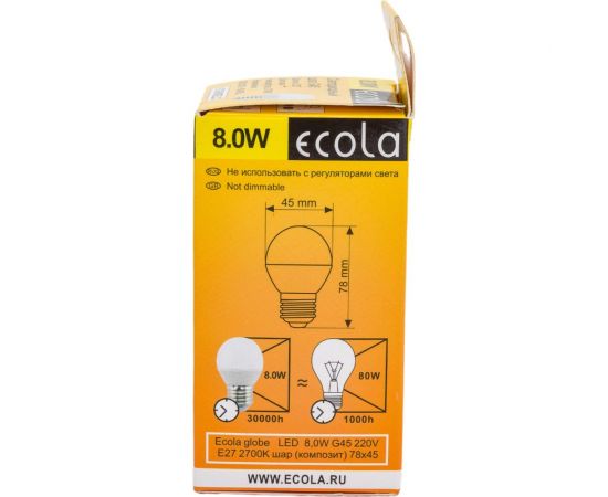 Светодиодная лампа Ecola globe LED 8,0W G45 220V E27 2700K шар композит 78x45 K7GW80ELC – изображение 2