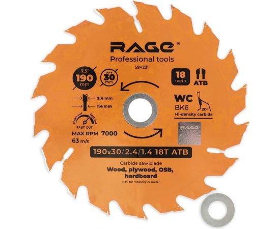 Диск пильный Fast cut 190 мм (7 1/2”), Z18, посадка 30+20/16 мм rage by VIRA 594231 