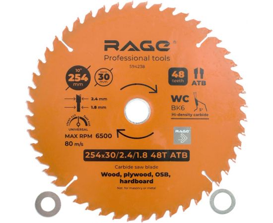 Диск пильный Universal 254 мм (10”), Z48, посадка 30+25.4/20/16 мм rage by VIRA 594238 