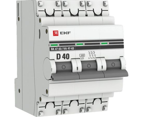 Автоматический выключатель EKF 3P, 40А, 4,5kA, ВА 47-63, PROxima, SQ mcb4763-3-40D-pro 
