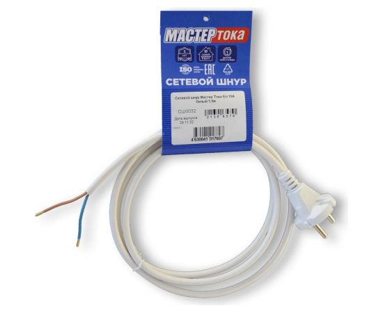 Сетевой шнур Мастер Тока ПВСбм 2x0,75, белый 10А, без заземления, 1,5м, вк СШ0032 