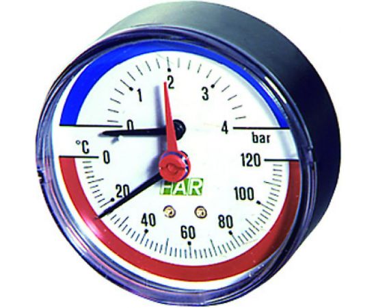 Термоманометр 0-4 бар с температурной шкалой 0-120°C (80 мм, торцевое соединение 1/2"") FAR FA 2550 12 