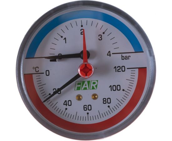 Термоманометр 0-4 бар с температурной шкалой 0-120°C (80 мм, торцевое соединение 1/2"") FAR FA 2550 12 – изображение 3