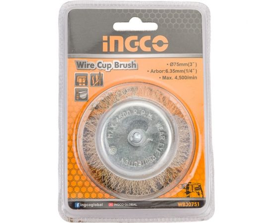 Щетка проволочная чашечная на шпильке (75х0.35х6.35 мм) INGCO WB30751 