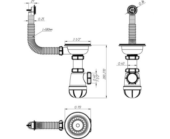 Сифон для мойки Aquant 3 1/2"х40 с мет.реш. с круглым переливом B0142-29-MR – изображение 3