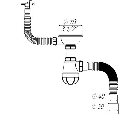 Сифон для мойки Aquant 3 1/2"х40 с металлической реш. с прямоугольным переливом с гофротрубой 40x40/50 B0148-20-MR – изображение 7