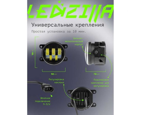 Противотуманные светодиодные автомобильные фары LEDZILLA универсальные с регулировкой, 50Вт 9-32В ДХО лед ПТФ на авто противотуманки, 2 шт 2190-50W – изображение 4
