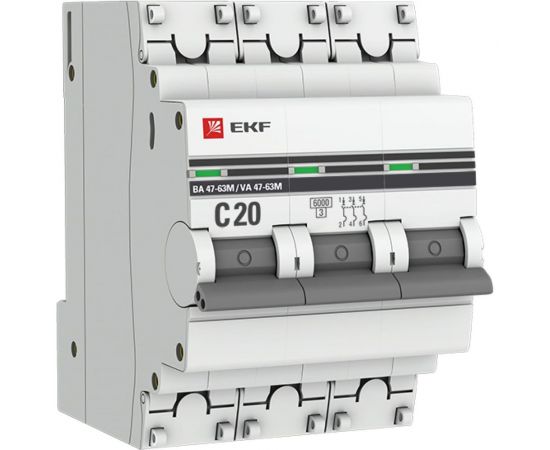 Автоматический выключатель EKF PROxima 3P 20А C 6кА ВА 47-63M с электромагнитным расцепителем mcb4763m-6-3-20C-pro 