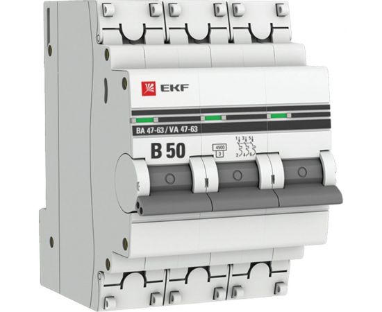 Автоматический выключатель EKF ВА 47-63, 3P, 50А, 4,5kA, PROxima, mcb4763-3-50B-pro 