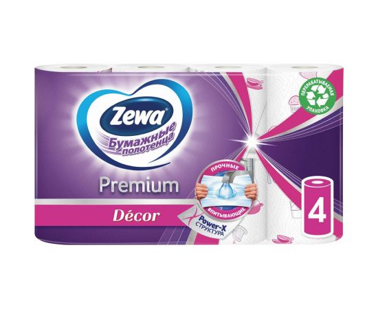 Бумажные впитывающие полотенца ZEWA Premium Decor 2-х слойные, 4 рулона, 4x14 м 144124 113849 – изображение 3