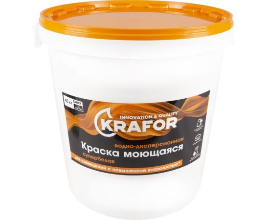 Интерьерная моющаяся водно-дисперсная латексная краска KRAFOR супербелая 40 кг 41836 