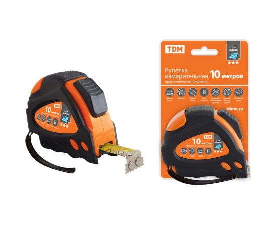 Рулетка TDM 10 м х 25 мм, тройная фиксация, автостоп, обрезиненный корпус, магнит, Алмаз SQ1018-0112 