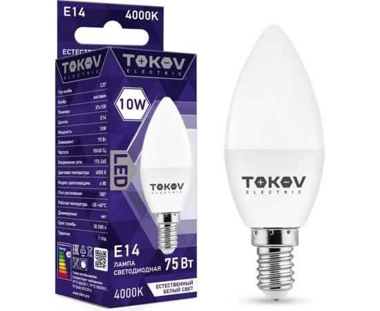 Светодиодная лампа TOKOV ELECTRIC 10Вт С37 4000К Е14 176-264В TKE-C37-E14-10-4K 