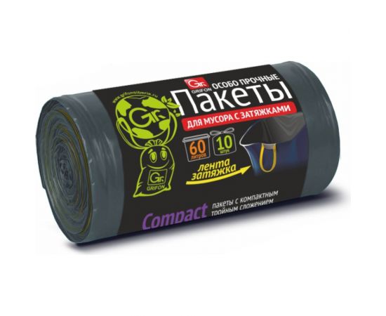 Пакеты для мусора с завязками OVER LAP 60 л, 10 шт в рулоне GRIFON 101-544 