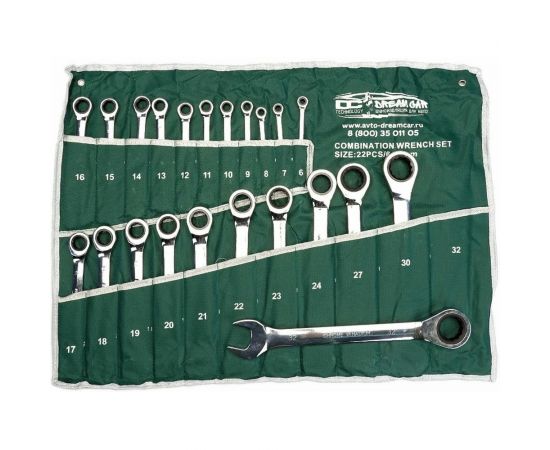 Набор накидных ключей с трещоткой Dreamcar зеленый, 6-32, 22 шт. DC-000-0694148 