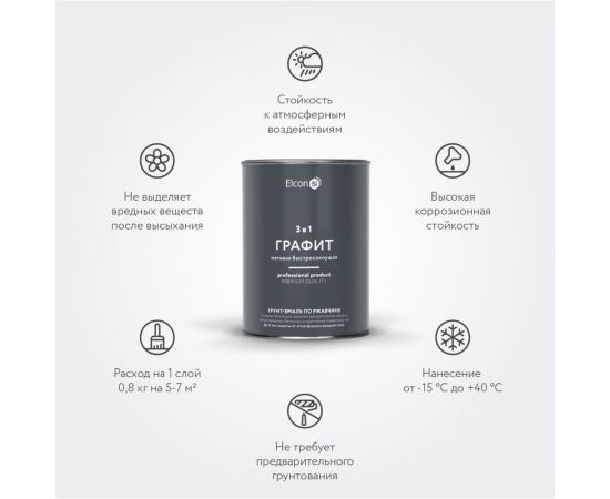 Быстросохнущая грунт-эмаль по ржавчине, металлу 3 в 1 Elcon графит, 0.8 кг 00-00463005 – изображение 6