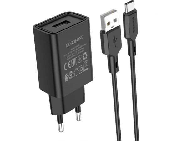 Сетевое зу Borofone ba68a glacier + кабель am-type-c 1 метр, 2.1а, чёрный 23752-BA68ABKT 