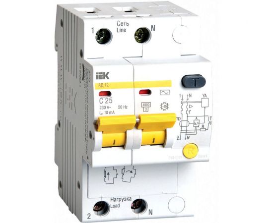 Автоматический дифференциальный выключатель тока IEK 2п 3.5модуля C 25A 10mA тип AC 4.5kA АД-12 ИЭК MAD10-2-025-C-010 