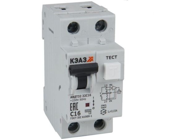 Автоматический выключатель дифференциального тока (УЗО) КЭАЗ 2п C 16А 30мА тип A 6кА АВДТ32-22C16 A УХЛ4 228065 