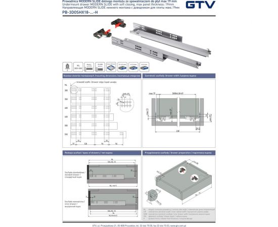 Направляющие полного выдвижения GTV MODERN SLIDE L-400 c 3D регулировкой, с доводчиком PB-3D0SHX18-400-H – изображение 2
