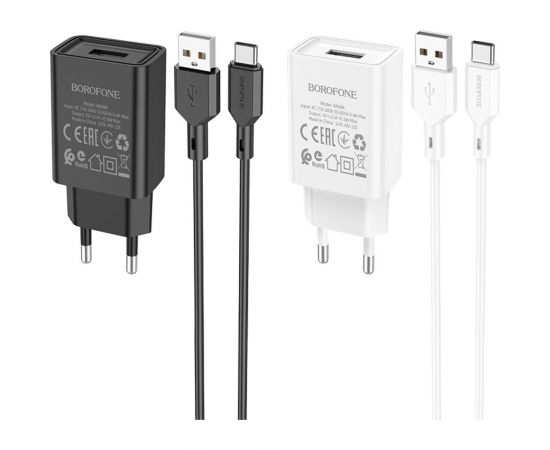 Сетевое зу Borofone ba68a glacier + кабель am-type-c 1 метр, 2.1а, чёрный 23752-BA68ABKT – изображение 2