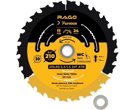 Диск пильный fast cut 210 мм (8 1/4""), z24, посадка 30+25.4/20/16 мм rage furious VIRA 594234 