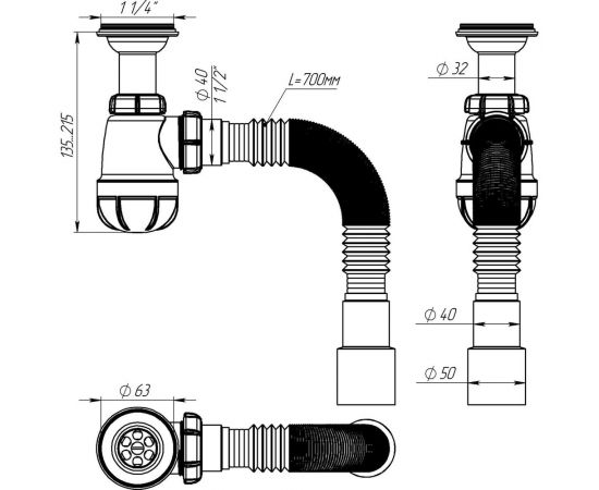 Сифон для умывальника 1 1/4"х40 с удлинённой горловиной с мет.реш. с г.т. 40x40/50 Aquant S2015-35-MR – изображение 3