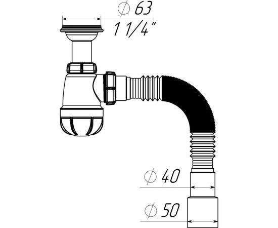 Сифон для умывальника 1 1/4"х40 с удлинённой горловиной с мет.реш. с г.т. 40x40/50 Aquant S2015-35-MR – изображение 2