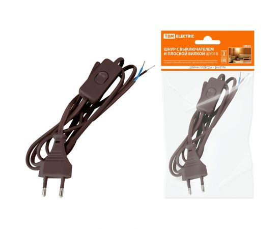 Шнур TDM с выключателем и плоской вилкой ШУ01В ШВВП 2x0,75мм2 2м коричневый ""ЭКО"" SQ1305-0006 