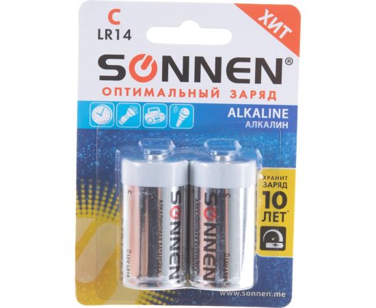 Батарейки SONNEN Alkaline, С LR14, 14А, 2 шт, в блистере, 451090 