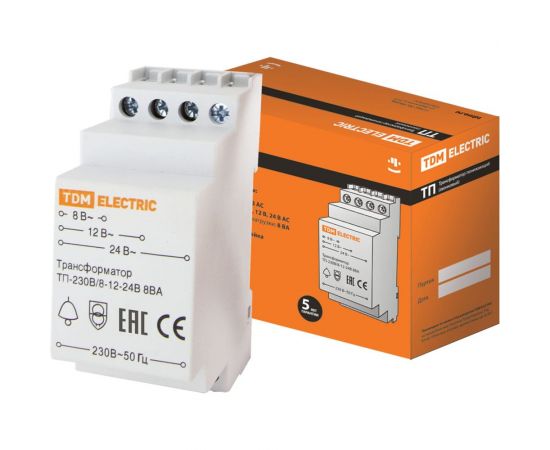 Понижающий звонковый трансформатор TDM ТП-230В/8-12-24В 8ВА DIN-рейка SQ0225-0001 