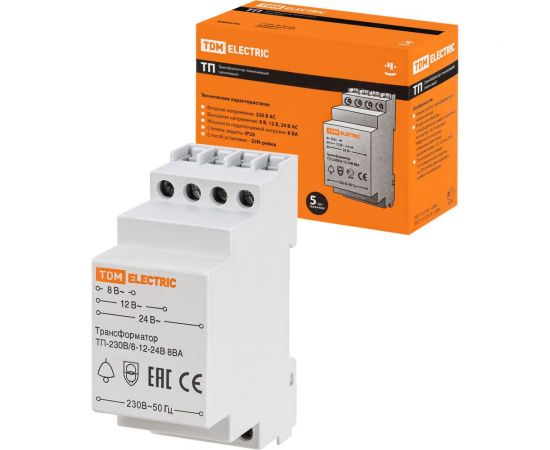 Понижающий звонковый трансформатор TDM ТП-230В/8-12-24В 8ВА DIN-рейка SQ0225-0001 – изображение 5