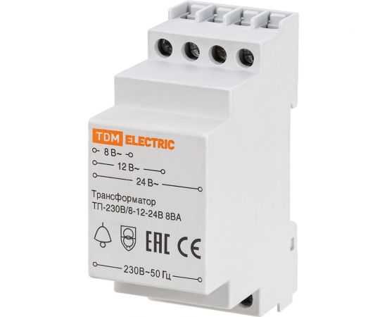 Понижающий звонковый трансформатор TDM ТП-230В/8-12-24В 8ВА DIN-рейка SQ0225-0001 – изображение 4