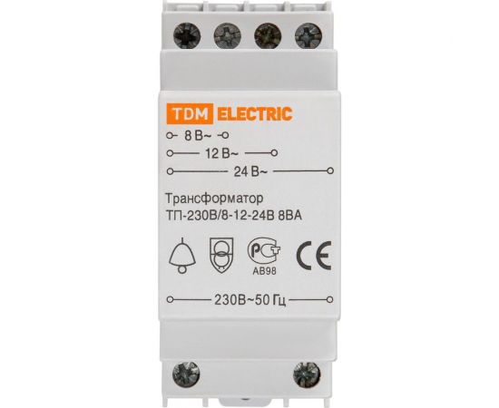 Понижающий звонковый трансформатор TDM ТП-230В/8-12-24В 8ВА DIN-рейка SQ0225-0001 – изображение 2