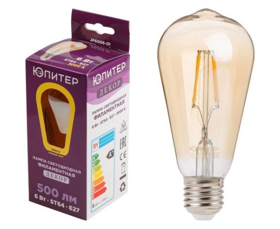 Светодиодная филаментная лампа ЮПИТЕР E27 ST64 6 Вт 3000К JP6006-01 