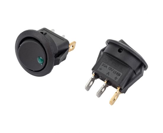 Круглая клавиша Nord-Yada 12V 20А черная с зеленой LED подсветкой (3контакта) ON-OFF (2шт в упаковке) 905475 