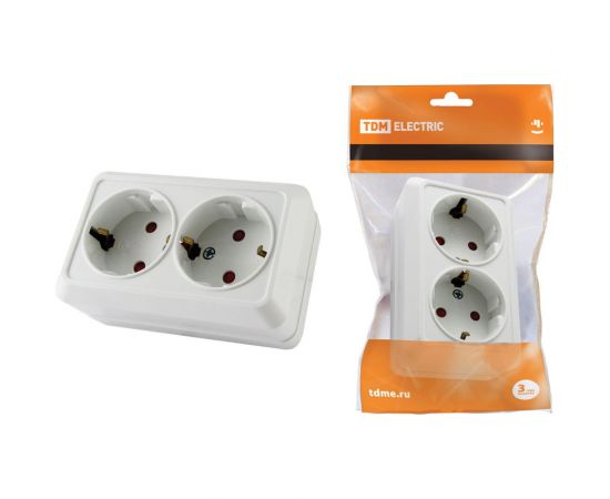 Двойная розетка открытой установки с защитными шторками 2П+З IP20 16А, белый TDM Ладога SQ1801-0062 