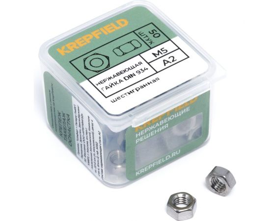 Гайка KREPFIELD нержавеющая, М5, DIN 934, А2, шестигранная, 50 шт. 934А2ГАЙКАМ5-50 