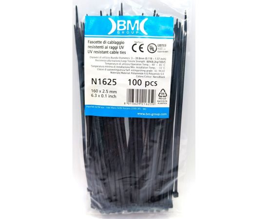 Кабельная стяжка BM Group цвет черный, устойчивая к воздействию УФ-лучей, 160x2,5 мм, 100 шт. BM-N1625 