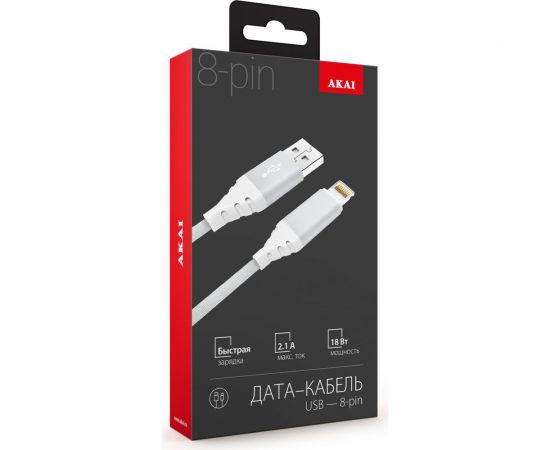 Дата-кабель AKAI CE-610 USB A- Lightning, 1м, 2.1А, текстиль, белый CE-610W – изображение 3