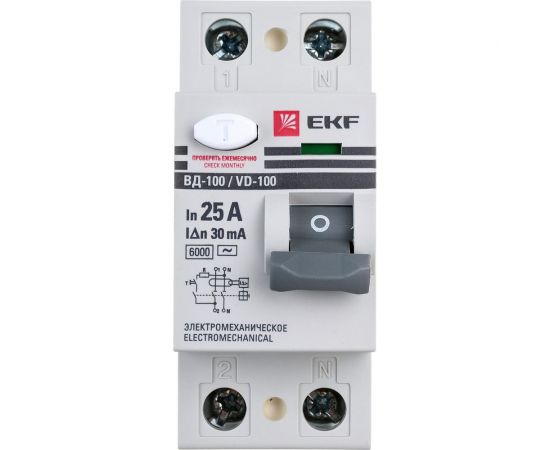 Устройство защитного отключения EKF ВД-100, 2P, 25А, 30мА, тип АС, электромеханическое, 6кА, PROxima elcb-2-6-25-30-em-pro 