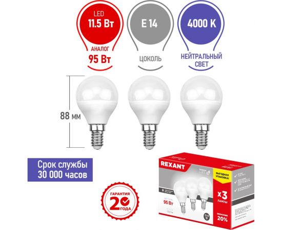 Светодиодная лампа REXANT 3 шт Шарик GL 11.5 Вт E14 4000 K нейтральный свет 604-042-3 – изображение 4